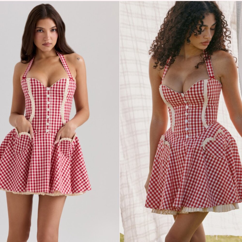 House of CB Heidi red gingham cotton halter neck mini dress NWT